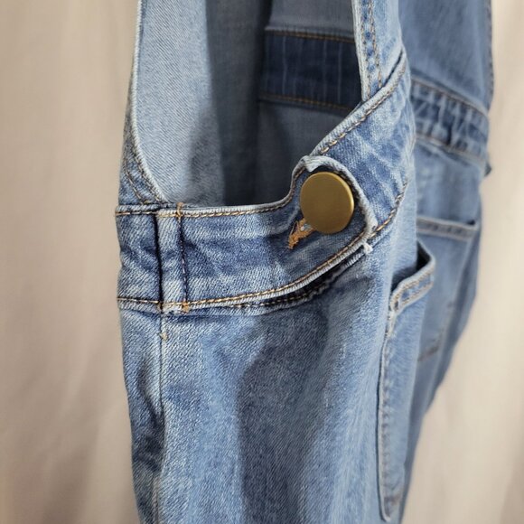 A Glow Maternity Straight Leg Bib Overalls Denim Jeans Blue Distressed Large Adj - Picture 11 of 14